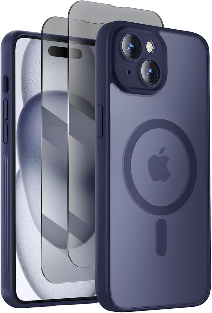 Symcele Designed for iPhone 15 Plus Case, Compatible with MagSafe, with Privacy Screen Protectors X2, [Camera Protection] [15FT Military Drop Protection] Shockproof Phone Case, 6.7", Deep Blue