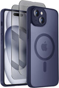 Symcele Designed for iPhone 15 Plus Case, Compatible with MagSafe, with Privacy Screen Protectors X2, [Camera Protection] [15FT Military Drop Protection] Shockproof Phone Case, 6.7", Deep Blue