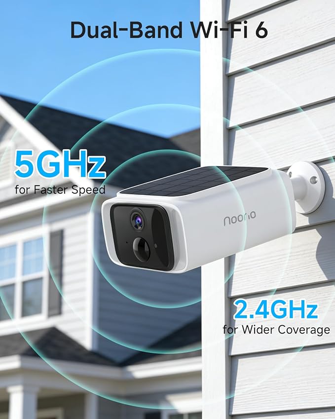 Noorio 2K Solar Security Cameras Wireless Outdoor, 2.4/5G WiFi Camera for Home Security with Fix Solar Panel, Color Night Vision, 2-Way Talk, IP65 Waterproof, Alexa, Surveillance Outdoor, SB400