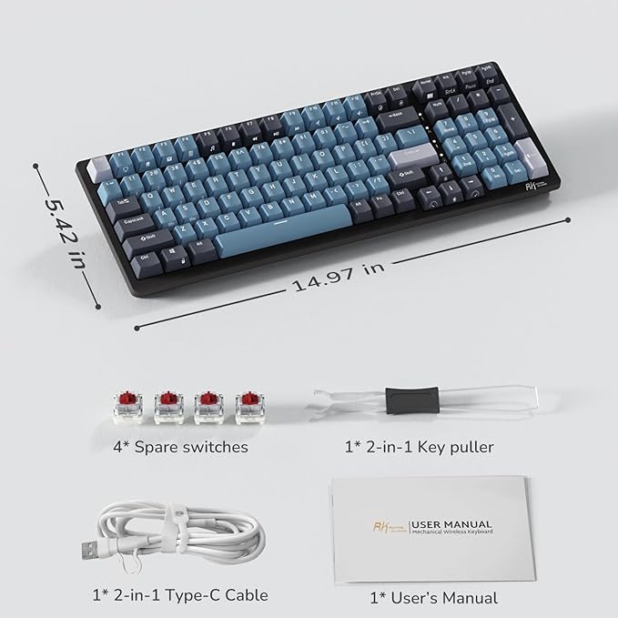 RK ROYAL KLUDGE RK98 Wireless Mechanical Keyboard, Triple Mode 2.4G/BT5.1/USB-C Hot Swappable Keyboard with Number Pad, Pre-lubed Linear Switches RGB Backlit Gaming Keyboard, Software Support