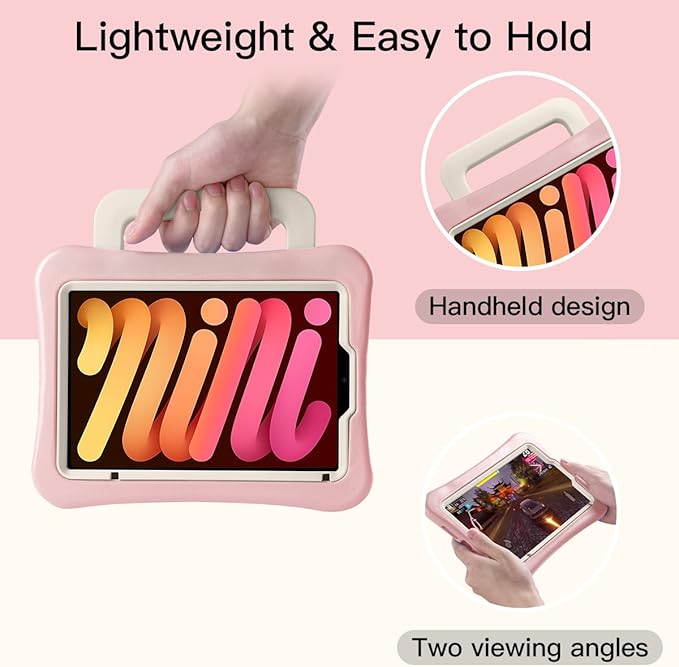 Kids Case for iPad mini 7 (A17 Pro) 2024 /iPad Mini6 2021, Light Weight Heavy Duty/Shockproof/Drop Proof with Handle/Kickstand, Child Friendly Cover for iPad mini 7th/6th Gen 8.3inch (Pink)