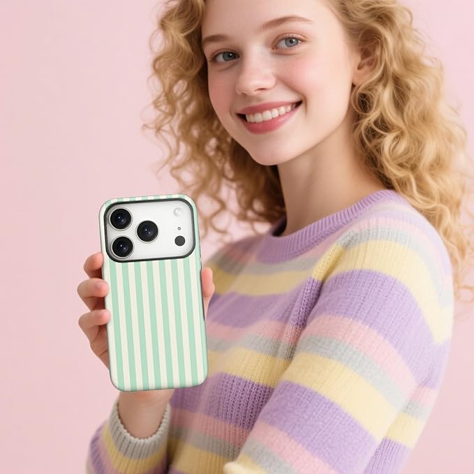 Magnetic for iPhone 17 Pro Max Case Cute Stripes Phone Case, Shockproof Slim TPU and Hard PC Protective Phone Cover Compatible with MagSafe Designed for Women Girls, Light Green
