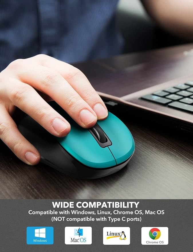 Trueque Wireless Mouse for Laptop, 2.4GHz Ergonomic Computer Mouse with Back & Forward Buttons, 3 Adjustable DPI Levels, 6 Buttons, Optical USB Cordless Mice for Windows PC, M01(Teal)