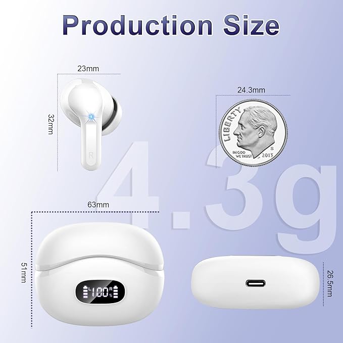 Wireless Earbuds, 48Hrs 2026 Bluetooth Headphones, Hi-Fi Stereo Deep Bass Ear Buds, ENC Noise Cancelling Mic, Clear Calls, IP-X7 Waterproof, USB Sport Earphones in Ear for Phones Laptop Pad, White