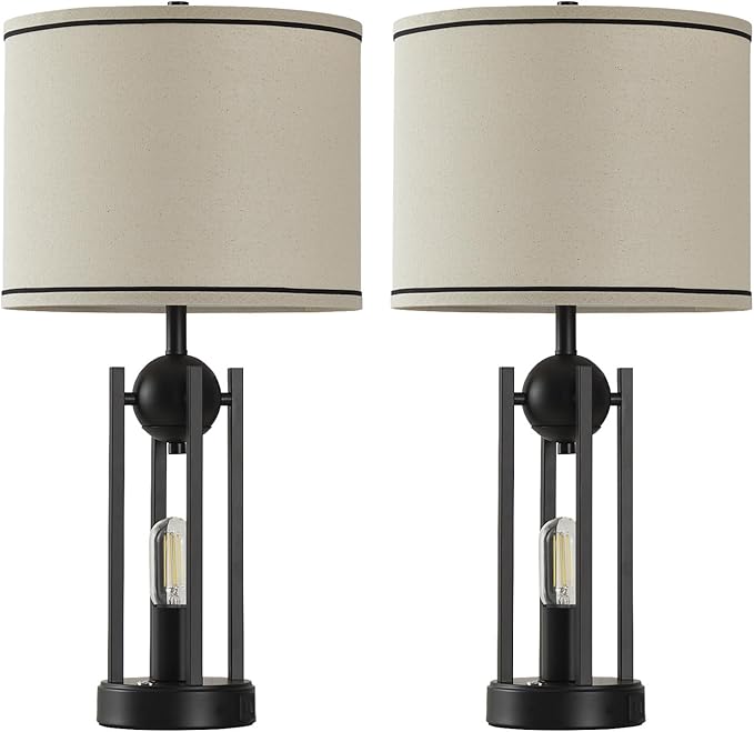 25'' Farmhouse Table Lamps for Living Room Set of 2 with USB C+A Ports, Vintage Bedside Lamp for Bedroom, Touch Lamps for Nightstand, Dual Lights Independent Switch, 4 Bulbs Included, Black
