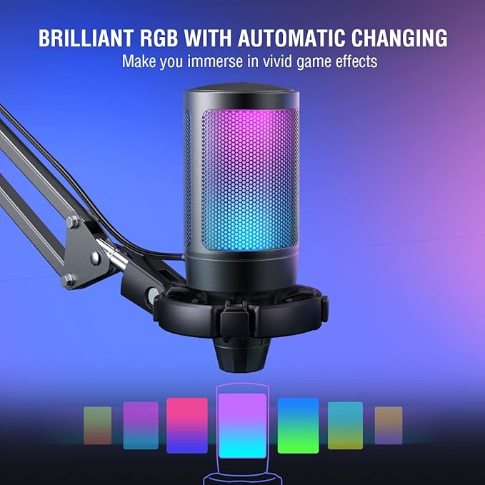 FIFINE Gaming USB Microphone Bundle with Mic Boom Arm, Condenser Mic with Quick Mute, RGB Light for Streaming, Suspension Scissor Arm Stand Kit for Recording Voice-Over Studio (A6V+CS1)