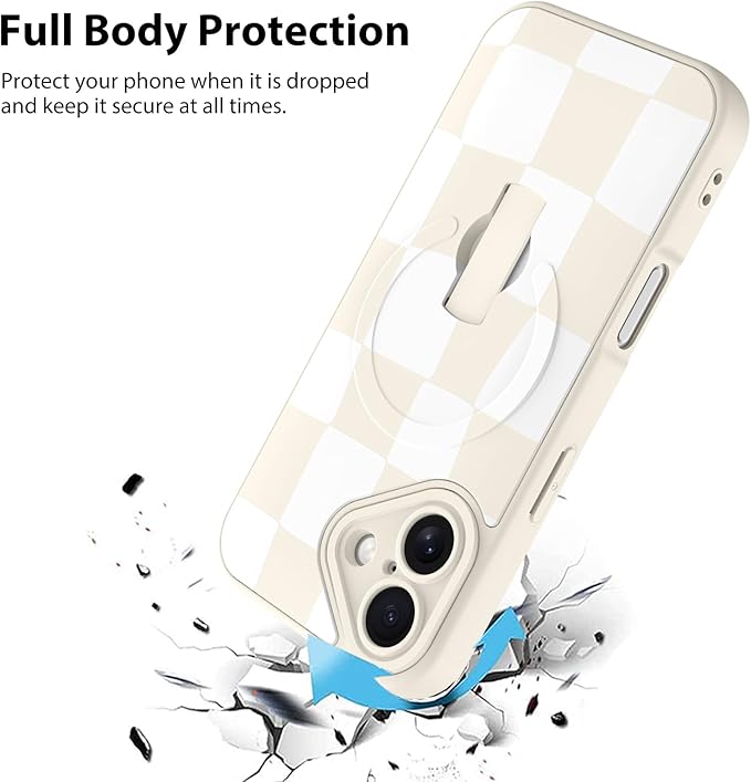 KANGHAR Compatible with iPhone 16 Case, Support for MagSafe, Silicone Checkered Cute Pattern, Wristband Kickstand Camera Protection Soft Slim Cover for Girls Women -White