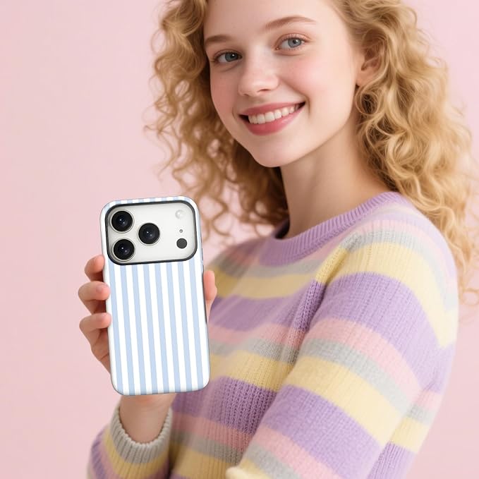 Magnetic for iPhone 17 Pro Max Case Cute Stripes Phone Case, Shockproof Slim TPU and Hard PC Protective Phone Cover Compatible with MagSafe Designed for Women Girls, Blue and White