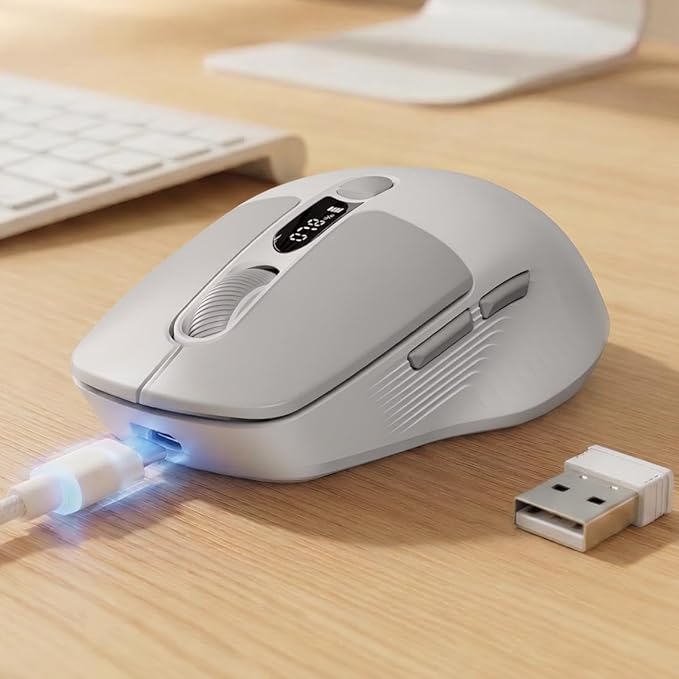 EWEADN Q1 Wireless Bluetooth Mouse, BT & 2.4G Computer Mouse with Battery & DPI LED Screen Display, Type-C Rechargeable with 1600 DPI Levels, 6 Button Silent Ergonomic Mouse for Laptop/PC/Mac-Grey