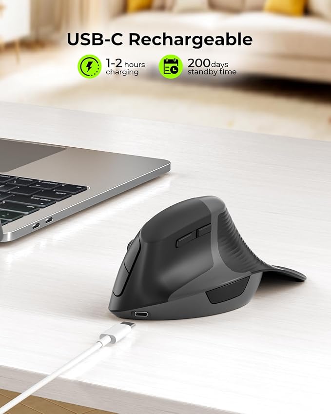 Seenda MOE302 Vertical Ergonomic Mouse with Palm Rest, Rechargeable Wireless Mouse for Wrist Pain Relief, One-Click Desktop Shortcut, Silent Click, 4 DPI, USB & Type-C Receiver, for Laptop & PC(Black)