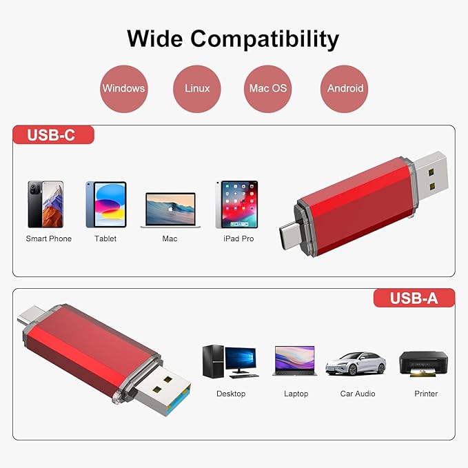 RAOYI 256GB USB C Flash Drive Upgraded 130MB/s 2 in 1 USB 3.1 Type C Dual OTG Metal Thumb Drive Memory Stick with Keychain Suitable for USB-C Smartphones, PC, Macbooks and Tablets (Red)
