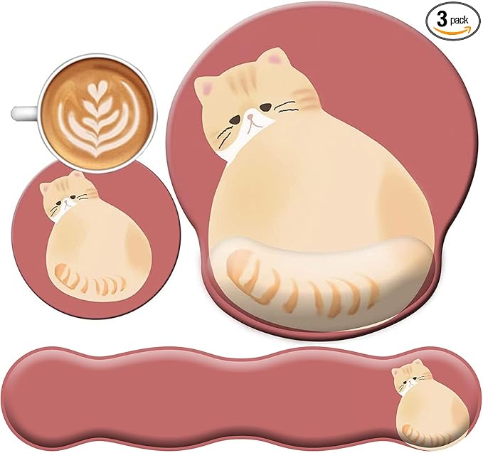 3-in-1 Cute Mouse Pad and Keyboard Wrist Rest Support, [ 20% Larger] Anime Kawaii Gel Wrist Rest with Non-Slip PU Base, Ergonomic Mouse Pad with Coaster,Pain Relief,Game Work Study Home Office-Cat