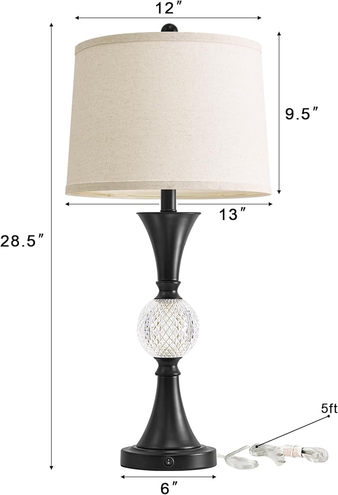 Oneach 28.5" Black Table Lamps Set of 2, Tall Luxury Bedside Lamps with Night Light, USB A+C Charging Ports, Elegant Metal Nightstand Lamps for Bedroom Office End Table Decoration