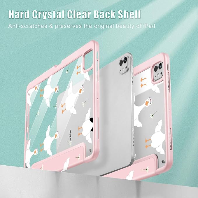 May Chen Case for iPad Pro 11-Inch M5/M4 2025/2024 (6th/5th Generation), [Penceil Holder] Trifold Stand Auto Wake/Sleep Clear TPU Protection Back Cover, Goose Flower