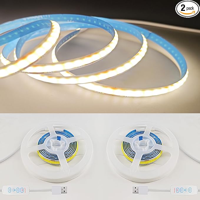 ZSLAIFU 2 Pack Warm LED Strip Lights, 3 Button Switch LED Strip Light with Dimmer, USB Light Strip for Cabinet, Bedroom, TV Backlighting USB LED Strip (3.28FTx2)