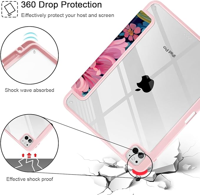 May Chen Case for iPad Pro 11-Inch M5/M4 2025/2024 (6th/5th Generation), Clear Transparent Print Back Shell Slim Stand Shockproof Tablet Cover, Auto Wake/Sleep, Flowers Painting