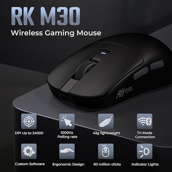 RK ROYAL KLUDGE RK M30 Wireless Gaming Mouse, 24000 DPI, 43g Ultra-Lightweight, PAW3311 Sensor, 2.4G/Bluetooth/USB-C Rechargeable Wireless Mouse with 5 Programmable Buttons for PC/Mac, Black Grey