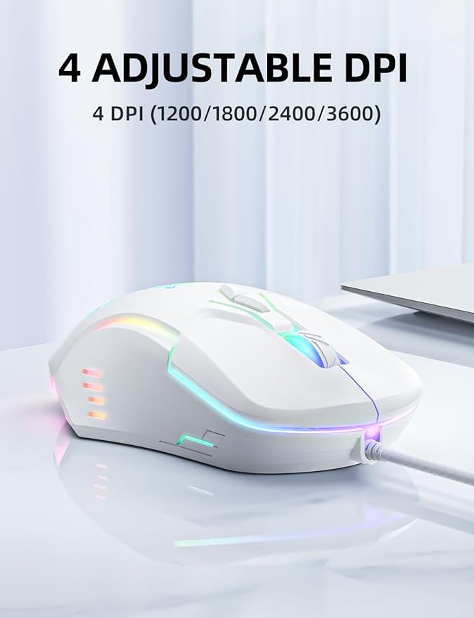 Wired PC Gaming Mouse: High Precision Sensor,RGB Backlit, Adjustable DPI, 7 Buttons Programmable,Ergonomic mice for Office & Gaming on Windows/Mac/Linux/Chrome-White