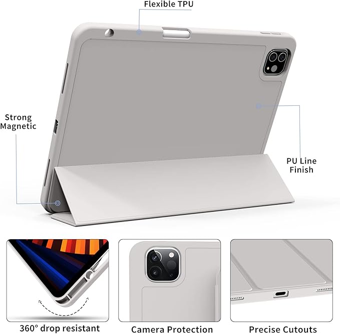 kenke Case for iPad Pro 11 Inch 4th/3rd/2nd Generation (2022/2021/2020) with Pencil Holder, Slim Trifold Smart Cover with Soft TPU Back, Support 2nd Gen Pencil Charging, Auto Sleep/Wake, Gray