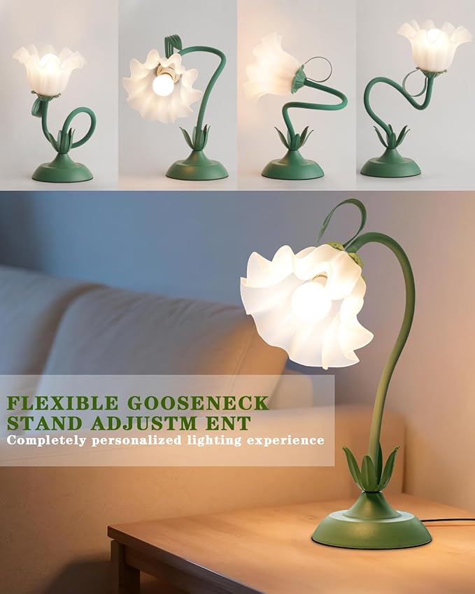 WERFOP Flower Table Lamp, LED Reading Light Vintage Bedside Table Lamp with 3 Color Modes for Nightstand, Kawaii Decoration for Home Bedroom Living Room (Green)