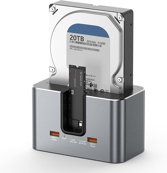 SATA & M.2 NVMe Hard Drive Docking Station for 2.5 & 3.5 inch SATA HDD/SSD and M.2 NVMe SSD, USB 3.2 10Gbps Transfer Rate, Up to 28TB, 2-Bay