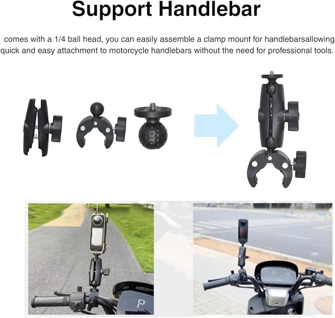 Action Camera Motorcycle Mount kit for DJI Osmo Action, Insta 360 X5/X4, Compatible with GoPro Max 2, Hero 13/12, Hero 11, Hero 10 - Dual Clamp,for 3rd Person View (Sitck is not Included)