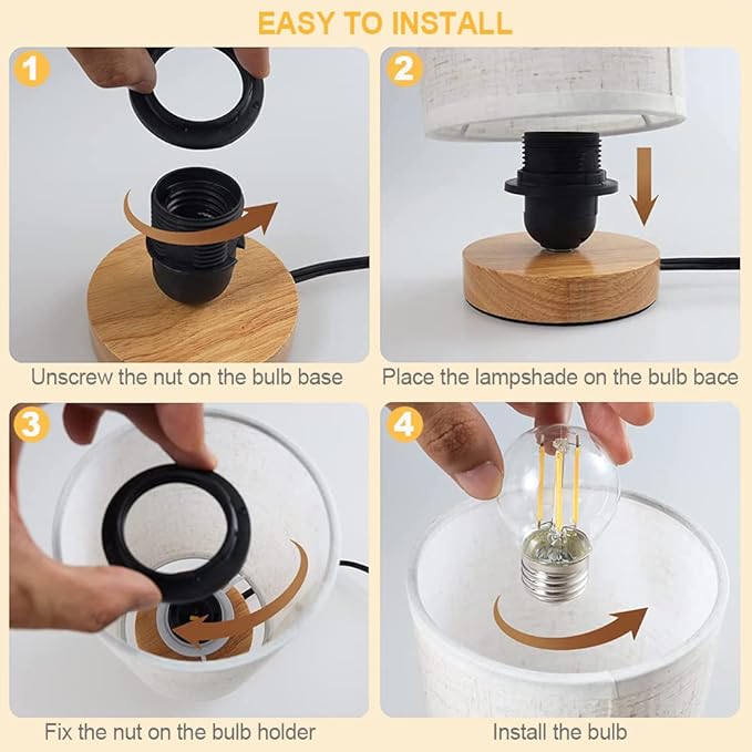 Small Bedside Table Lamp for Bedroom, Minimalist Wood Base & Round Fabric Shade, Mini Cute Cozy Warm White Nightstand Boho Lamp, Study Desk Night Stand Light for Room, Dorm, Nursery, Living Room