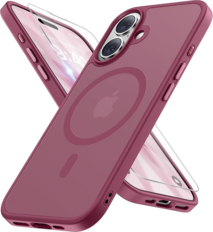 Miracase Magnetic for iPhone 17 Case (Compatible with MagSafe) with Screen Protector Military-Grade Protection, Anti-Fingerprint Translucent Matte Phone Cover for iPhone 17 6.3 inch,Wine Red