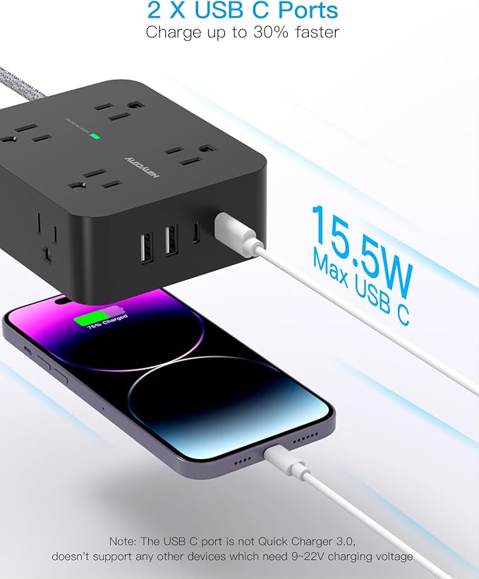 Long Extension Cord 15 ft, HANYCONY Surge Protector Power Strip 15 Feet with 4 Outlets 4 USB Ports (2 USB C), 3 Prong Desk Charging Station, Wall Mount for Indoor Essentials