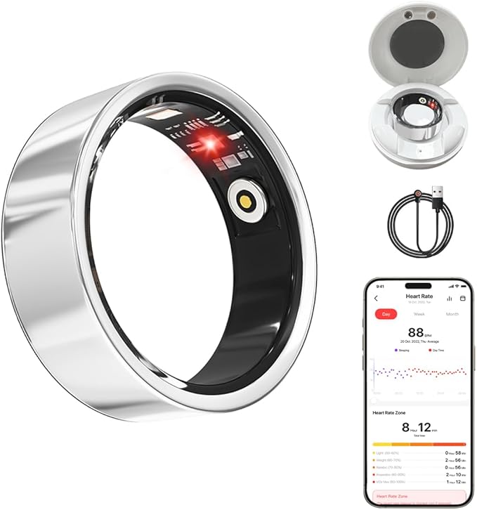 Smart Health Ring for Women Men Fitness Tracker with Heart Rate, Blood Oxygen, HRV, Sleep Monitoring, Step Counting, IP68 for iPhone and Android, No Subscription Fee (Silver, 10#)