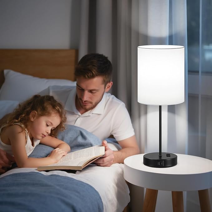 White and Black Lamps for Nightstand Set of 2 - Bedside Table Lamp for Bedroom with Dual USB Ports & AC Outlet, 3-Way Dimmable Lamps for Living Room Boys Room, Night Light with 5000K Daylight Bulbs