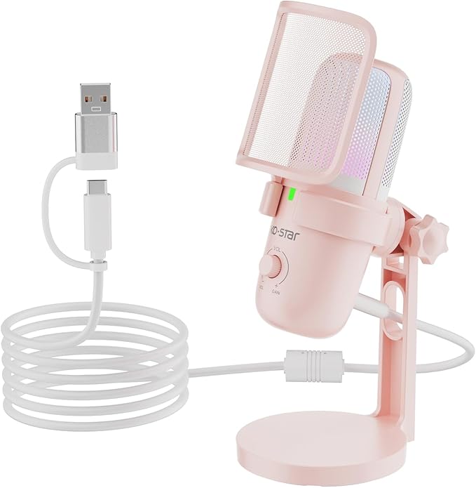 USB Microphone, Gaming Mic with 2 Pickup Patterns (Cardioid/Omnidirectional), RGB Lighting & Tap-to-Mute Sensor, 96KHz/24Bit Condenser Mic for Streaming, Podcast, Recording, Type-C Plug & Play (Pink)