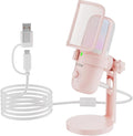 USB Microphone, Gaming Mic with 2 Pickup Patterns (Cardioid/Omnidirectional), RGB Lighting & Tap-to-Mute Sensor, 96KHz/24Bit Condenser Mic for Streaming, Podcast, Recording, Type-C Plug & Play (Pink)