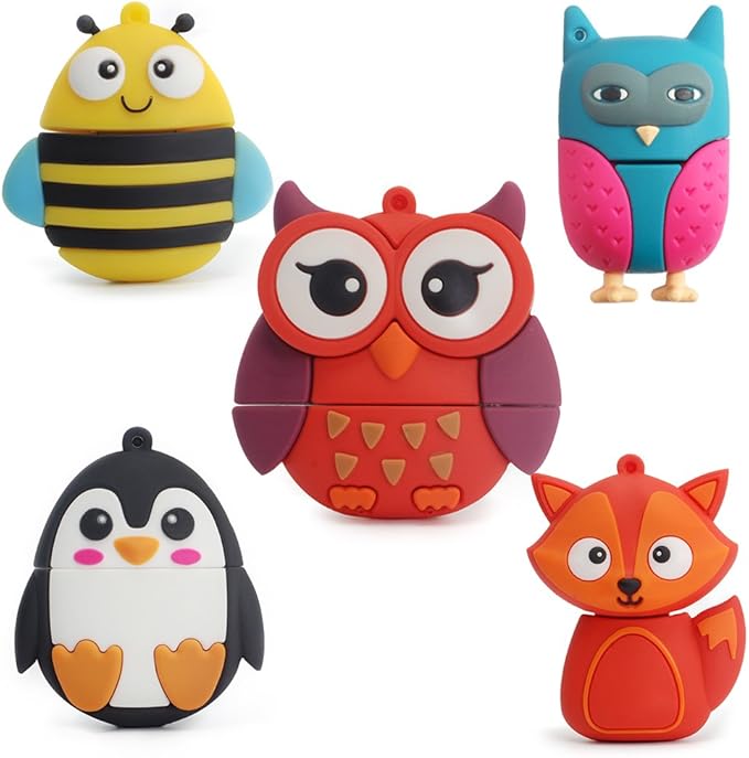 Flash Drive 5x16GB Thumb Drive Animals USB Flash Drive with Chain Bee Fox Owls Penguin Pen Drive Gift for School Kids and Students Valentine's Day Gift (Pack of 5 Animals)