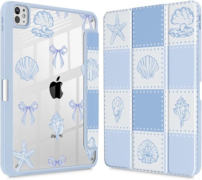 May Chen for iPad Pro 13 Inch Case M5 2025 / M4 2024, Built Pencil Holder & Clear Transparent Print Back Shell Slim Stand Shockproof Tablet Cover, Auto Wake/Sleep, Blue Checkered