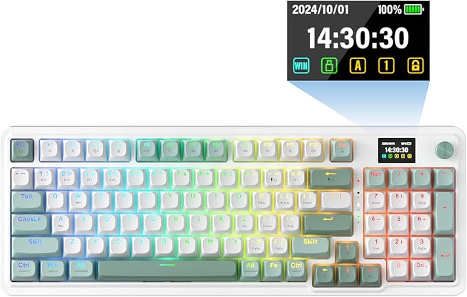 Redragon K719 Wireless Gasket Gaming Keyboard w/Hype Screen & Knob, 95 Keys Mechanical Keyboard, Easy-Control 1.14’’ TFT Info Display, 5-Layer Noise Dampening, Custom Linear Switch, Jade Cloud Color