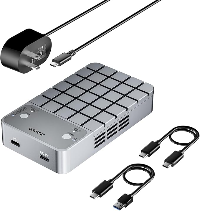 MAIWO Dual Bay RAID Enclosure for M.2 NVMe SATA SSD with Clone RAID 0 RAID 1, USB C 3.2 GEN2x2 20Gbps, M.2 SSD Cloner Duplicator with Cooling Fan, Dual Data Cables, 5V 3A Power Adapter, Aluminum