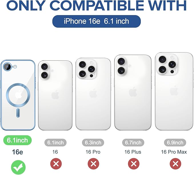 Hython Magnetic Clear for iPhone 16e Case with Camera Lens Protector [Compatible with MagSafe] Luxury Plating Edge Slim Soft TPU Cover Protective Phone Case for iPhone 16e 6.1", Matte Light Blue