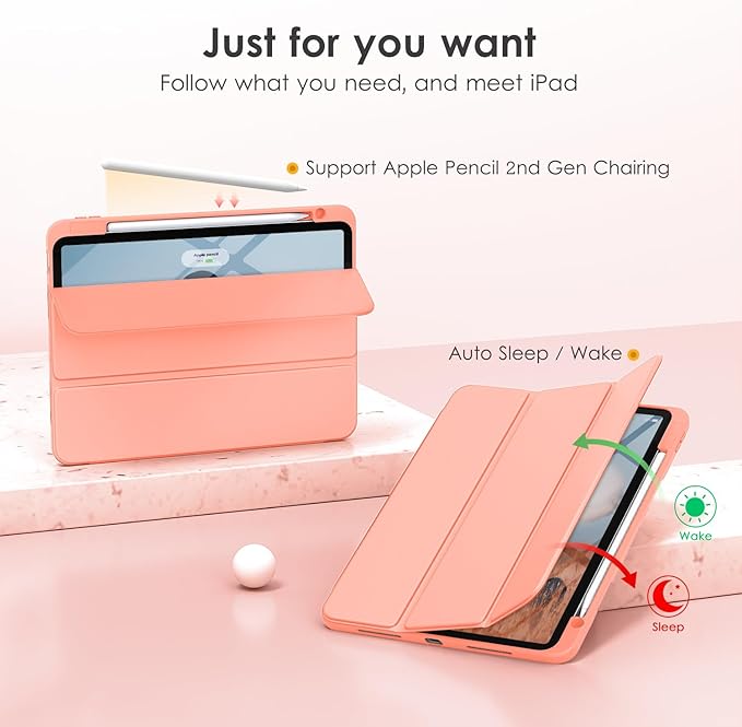 VIKESI for iPad Pro 11 Inch 4th/3rd/2nd/1st Generation Case, iPad Air 11-inch / 5th / 4th Generation Case with Clear Back,Pencil Holder,Auto Sleep/Wake,Camera Protection,Spanish Pink