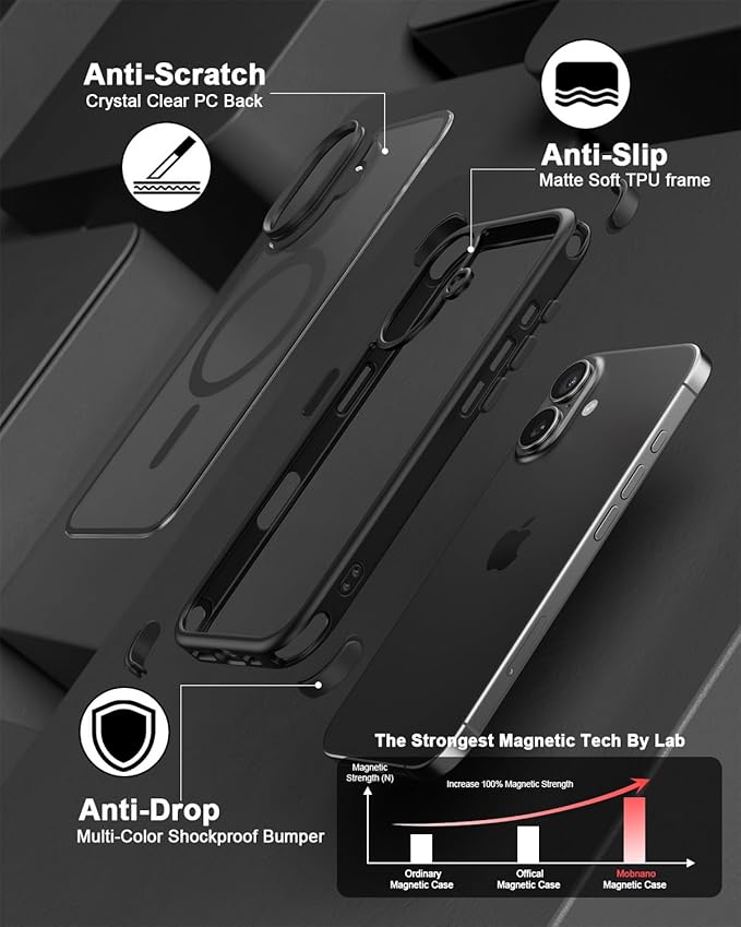 Mobnano for iPhone 16 Case, Compatible with MagSafe, Crystal Clear Case with Magnetic Ring, Multicolor Protective Shockproof Bumpers, Not Yellowing Slim Cover for Men Women - Black