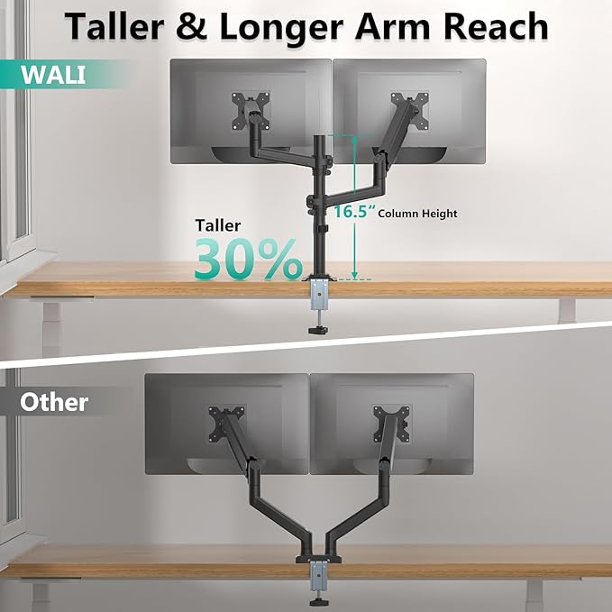 WALI Dual Monitor Mount, 13-33 Inch Adjustable Dual Monitor Arm for Desk Holds Max 19.8 lbs Screens, Swivel Vesa Bracket with C Clamp, Grommet Mounting, Monitor Arms for 2 Monitors (GSDM002)