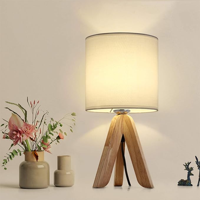 HAITRAL Small Bedside Table Lamp - Wooden Tripod Nightstand Lamp for Bedroom, Living Room, Office, Farmhouse, Home with Fabric Shade, White