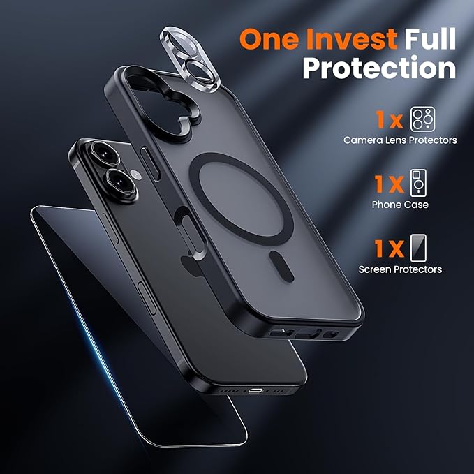 toushion 3 in 1 for iPhone 16 Plus Case Clear Matte Black | with MagSafe,Screen Protector *1 & Camera Lens Protector*1, Skin Feeling Back Cover Military-Grade Protection