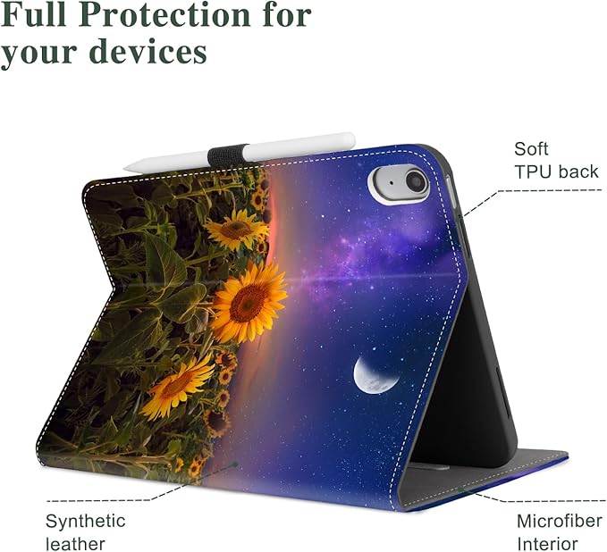 Vimorco Case for iPad (A16) 11th Generation 2025, for iPad 11th/10th Generation Case, Faux Leather Protective Adjustable Cover, Auto Sleep/Wake, Card Pocket with Pencil Holder, Starry Sunflower