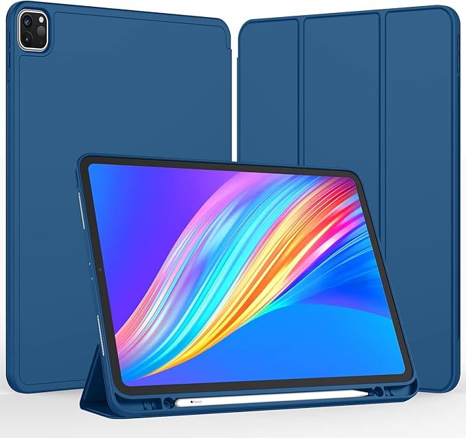 iMieet New iPad Pro 12.9 Case 2022(6th Gen)/2021(5th Gen) with Pencil Holder [Support iPad 2nd Pencil Charging/Pair],Trifold Stand Smart Case with Soft TPU Back,Auto Wake/Sleep(Navy Blue)