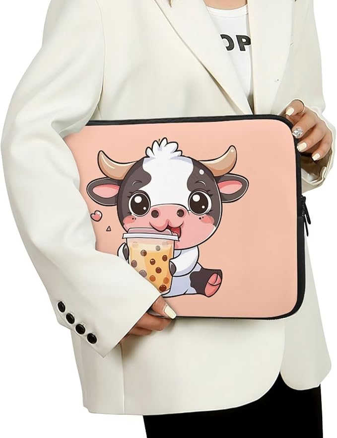 Cute Cow Laptop Protective Sleeve for Women 10 Inch Computer Sleeve Bag Zippered Pouches with Humanize Design Lap Top Case Suitable for Travel School Office Neatly Organizers