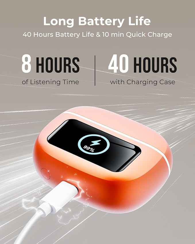 Wireless Earbuds, Ear Buds Active Noise Cancelling with Charging Case, 6.0 Bluetooth Earbuds with AI Clear Calls, 40H Playtime for Sports & Working, Stereo Sound Headphones for iPhone/Android-Orange