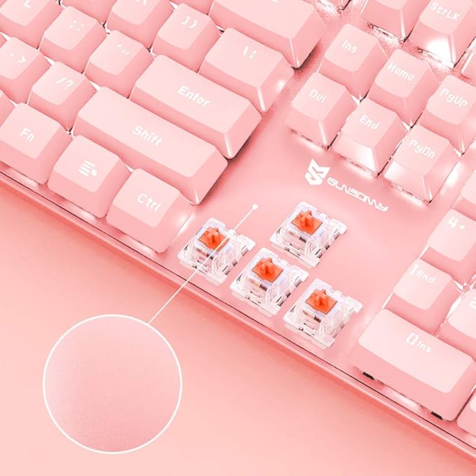 Merdia Full Size Wired Mechanical Gaming Pink Keyboard | Red Switch 104 Keys US Layout Full Size Pink PC Gaming Keyboards | Hot Swappable LED Backlit Light Up Wired Mechanical Computer Keyboards