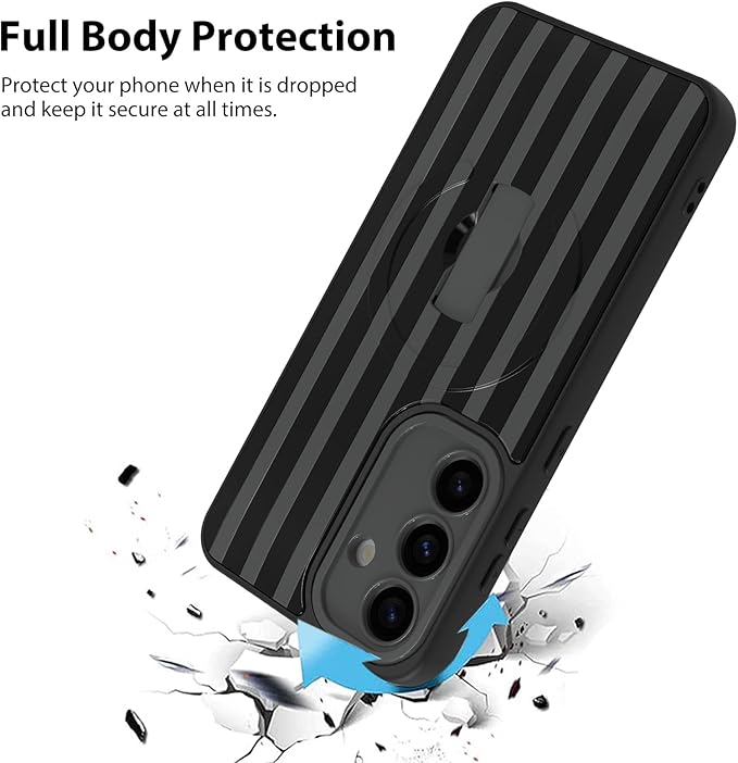 KANGHAR Compatible with Samsung Galaxy S25 Case, Support for MagSafe, Silicone Stripes Cute Pattern, Wristband Kickstand Camera Protection Soft Slim Cover for Girls Women -Black