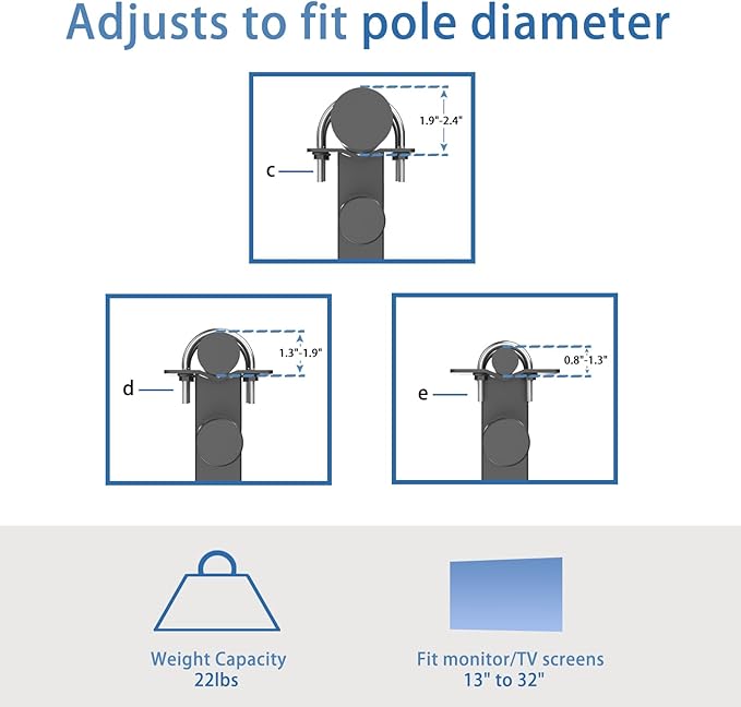 suptek Monitor Bracket Pole Mount Diameter Pole Adjustable Supports 0.8-2.4 Inch, Fits Monitor/TV Screens 13-32 Inch, Load Capacity 22lbs